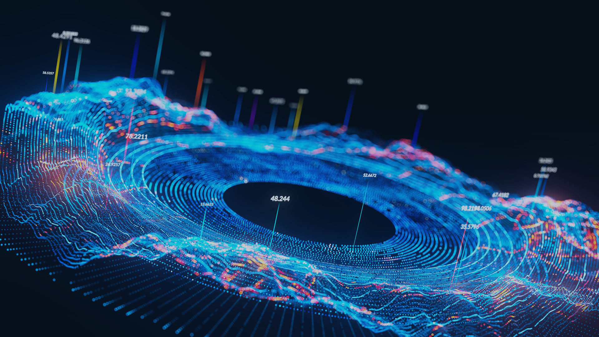 Futuristische Datenvisualisierung in Form eines digitalen Donut-Diagramms mit 3D-Effekt; blaue und rote Datenpunkte und Linien zeigen Werte und Höhenverläufe an.