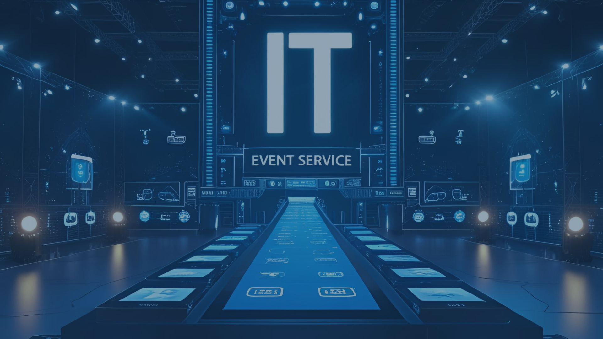 Eventbühne mit digitaler Laufbahn und großem „IT EVENT SERVICE“-Schriftzug im Zentrum; symbolisiert moderne, technologiegestützte Veranstaltungsplanung und flexible IT-Infrastruktur für Events.