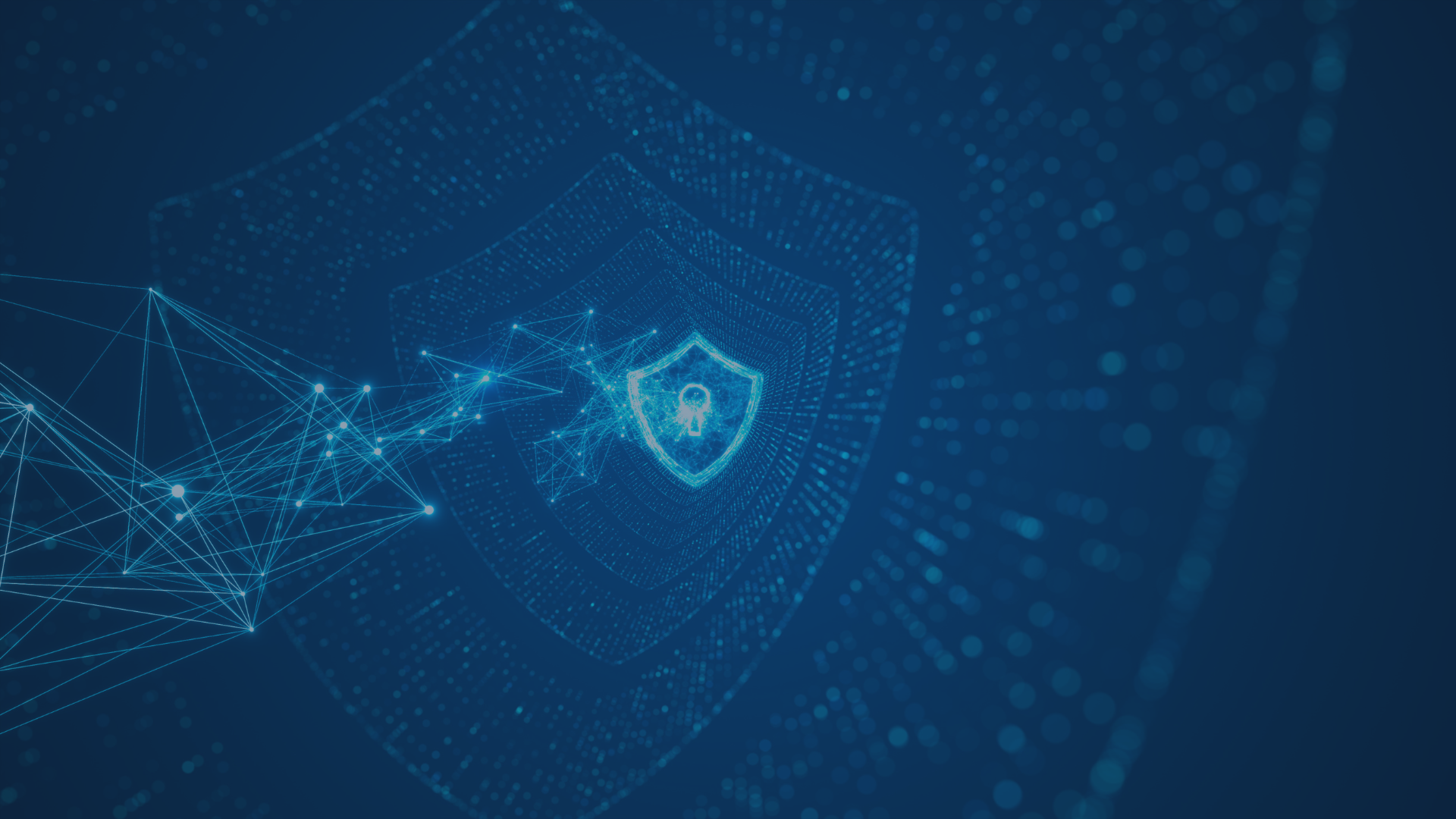 Digitales Schild mit Schlüsselsymbol als zentrales Motiv auf einem abstrakten, vernetzten Hintergrund – symbolisiert IT-Sicherheit, Schutz vor Cyberangriffen und strukturierten Sicherheitsansatz des audius Security Quick Check.