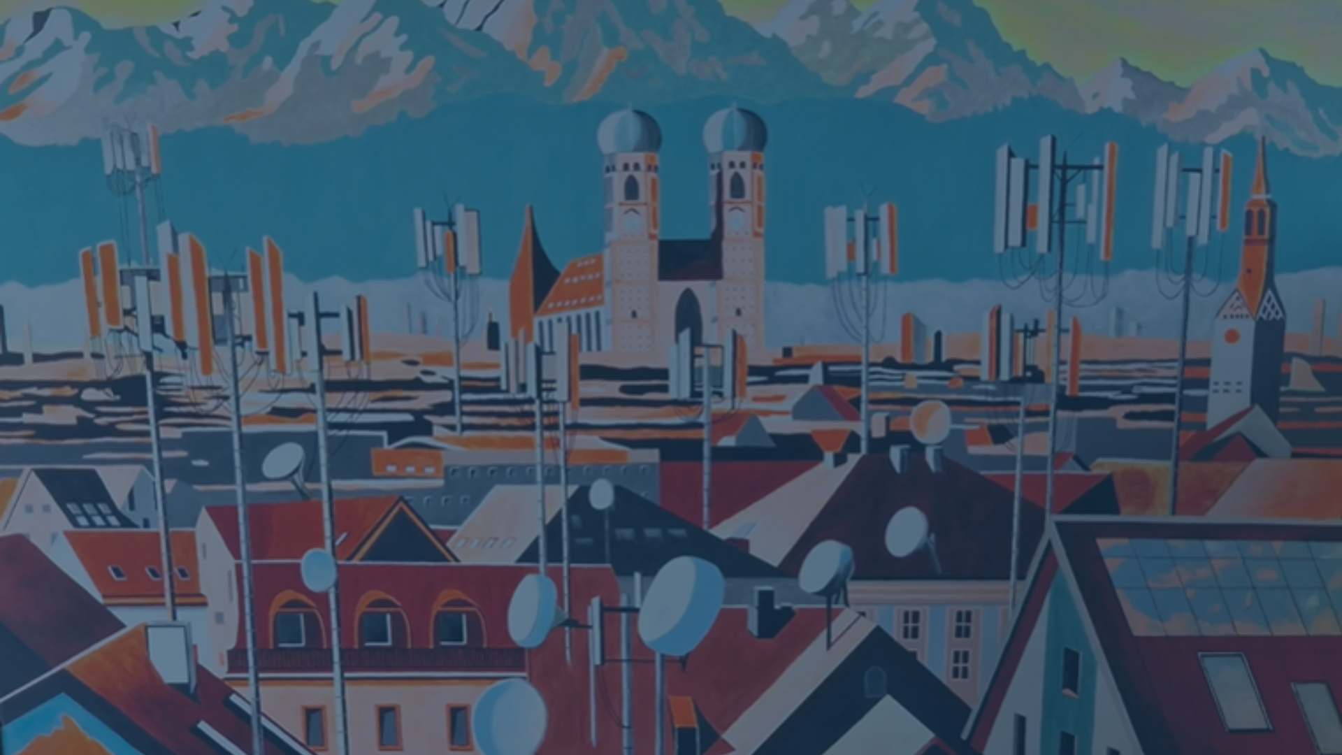Ein Bild voller Leidenschaft: Wie Kreativität und Beruf bei Sinnwell zusammenfinden | audius Ein farbenfrohes Gemälde von Bettina, das die Frauenkirche in München, zahlreiche Antennen, Satellitenschüsseln und Photovoltaik-Elemente zeigt. Mit kräftigen Farben verbindet das Kunstwerk die Themen IT, Mobilfunk und Netzwerktechnologie mit Kreativität und Leidenschaft – ein Sinnbild für die Werte und den Standort von Sinnwell.
