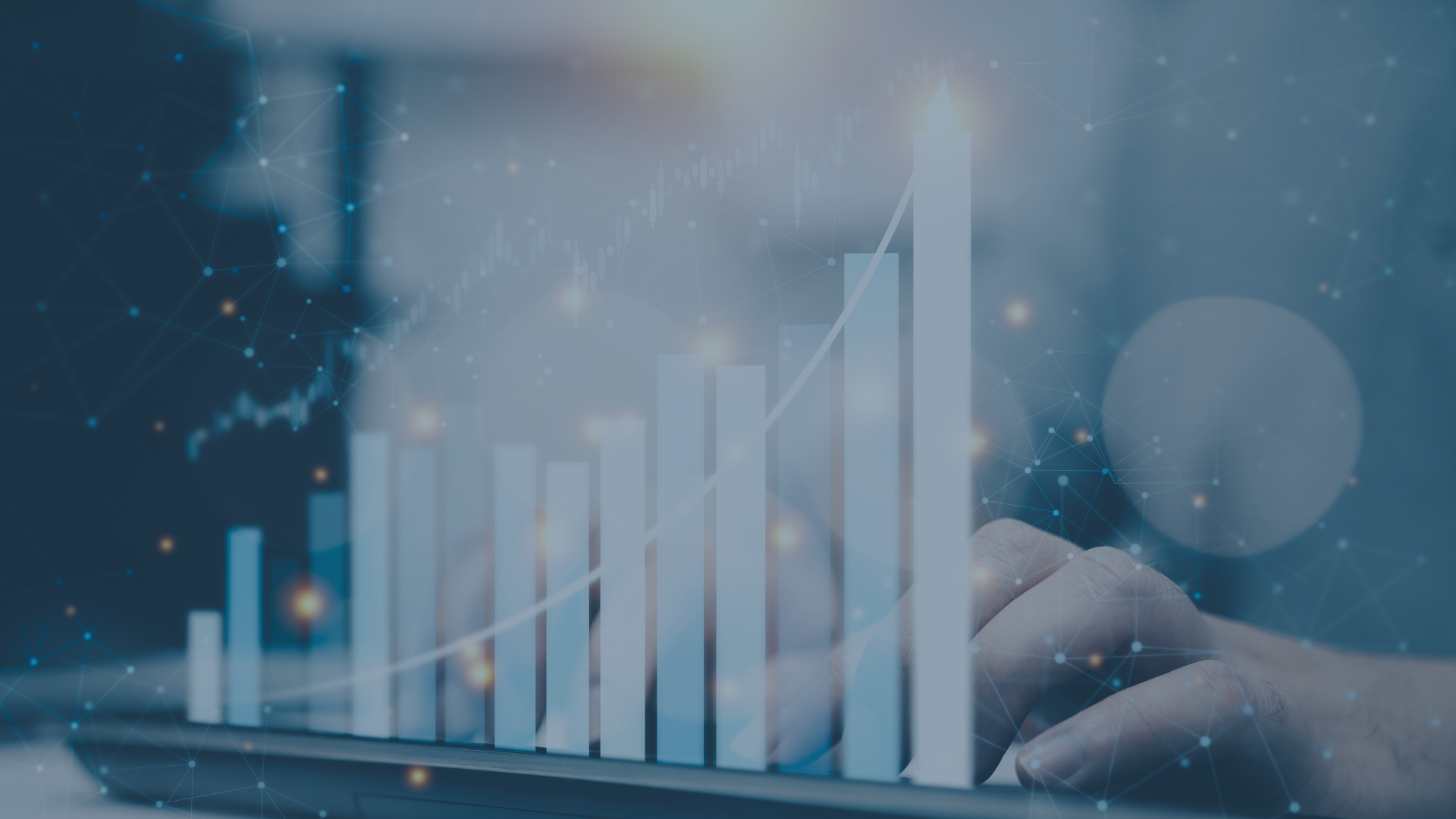 Visualisierung eines digitalen Balkendiagramms mit aufsteigendem Wachstum und Netzwerkstruktur im Hintergrund