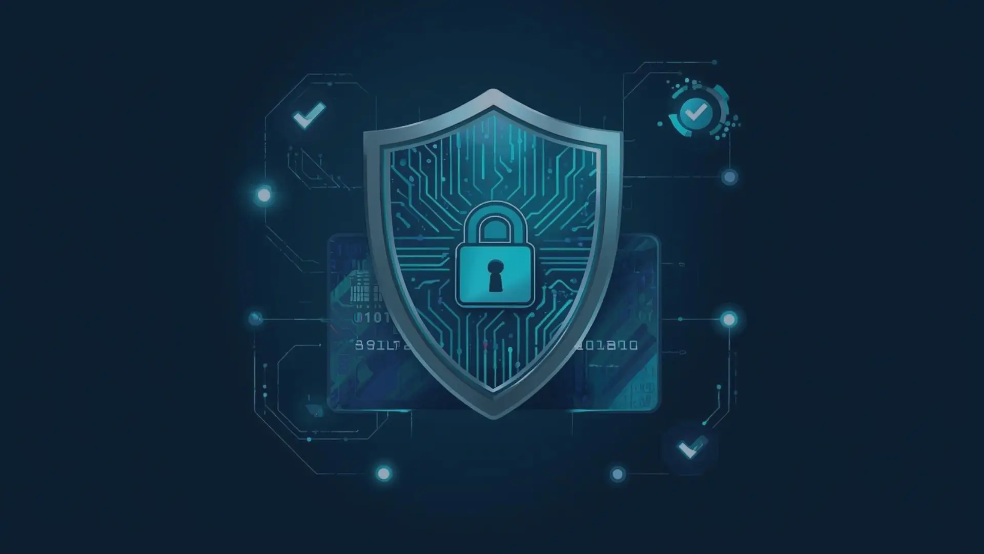 Grafische Darstellung eines digitalen Schutzschilds mit einem Schloss-Symbol in der Mitte, das Cybersicherheit und Datenschutz symbolisiert. Im Hintergrund sind abstrakte Schaltkreise, Datenstrukturen und Häkchen-Symbole zu sehen, die für IT-Security, Compliance und die Einhaltung von PCI DSS 4.0 Standards stehen.