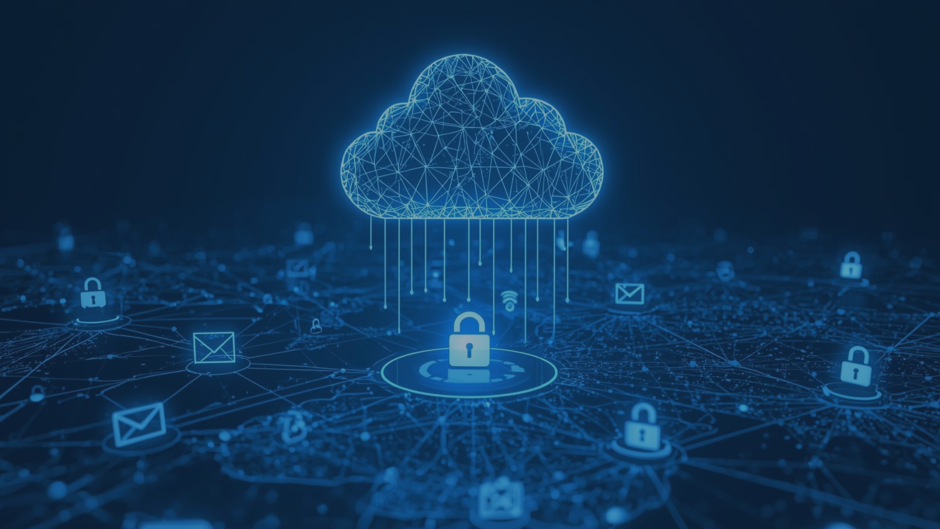 Symbolische Darstellung einer sicheren und zukunftsorientierten Migration zu Exchange Online: Ein digitales Netzwerk mit Cloud-Struktur, verschlüsselten Datenströmen und Schutzmechanismen wie Vorhängeschlössern und E-Mail-Symbolen.