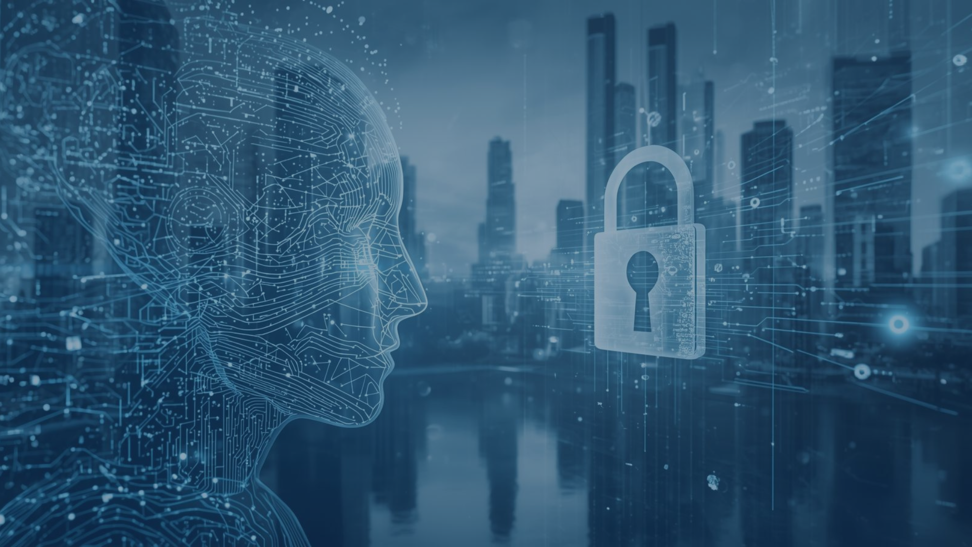 Symbolische Darstellung einer datenschutzkonformen KI im öffentlichen Raum: Ein digitaler Kopf aus Linien blickt auf ein Schloss-Symbol vor einer Stadtlandschaft. Das Bild steht für den ‚Digitalen Begleiter‘ in Ulm