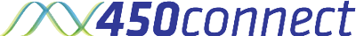 450connect Unternehmenslogo: Blauer Schriftzug mit einer geschwungenen Wellen-Grafik in Grün- und Blautönen auf dunklem Hintergrund.