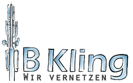 B Kling Unternehmenslogo Blaue Schriftart „B Kling“ mit einem stilisierten Sendemast links und dem Slogan „WIR VERNETZEN“ auf schwarzem Hintergrund.