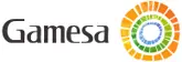 Gamesa Logo mit grauem Schriftzug und einem kreisförmigen Mosaik-Symbol in Grün-, Gelb- und Orangetönen