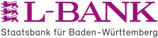 L-Bank Logo in Violett mit dem Wappen von Baden-Württemberg (drei Löwen) und dem Untertitel Staatsbank für Baden-Württemberg