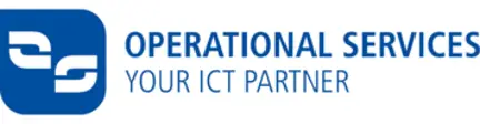 Blaues operational services Logo mit abstraktem weißen OS-Symbol in einem Quadrat und dem Zusatz YOUR ICT PARTNER