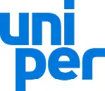 Hellblauer Uniper Schriftzug in zwei versetzten Zeilen auf weißem Hintergrund