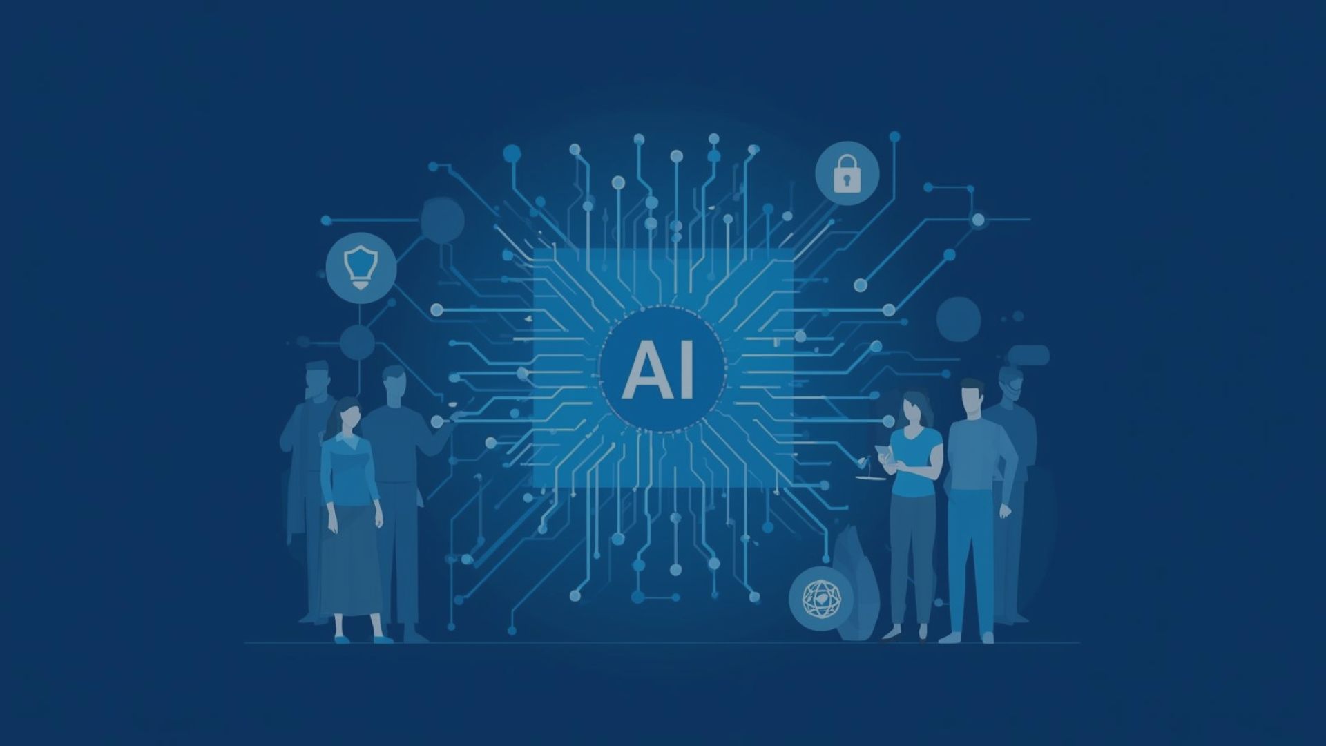 Illustration einer Gruppe von Mitarbeitenden vor einem futuristischen KI-Netzwerk, das die Bedeutung von KI-Kompetenz und Compliance gemäß dem EU AI Act symbolisiert. Seit Februar 2025 sind Unternehmen und öffentliche Verwaltungen in Deutschland verpflichtet, ihre Belegschaft im Umgang mit KI zu schulen. Das Bild veranschaulicht, wie praxisnahe und rechtskonforme KI-Schulungen – wie das audius KI-Basis-Seminar – rechtliche, ethische und technische Grundlagen vermitteln.