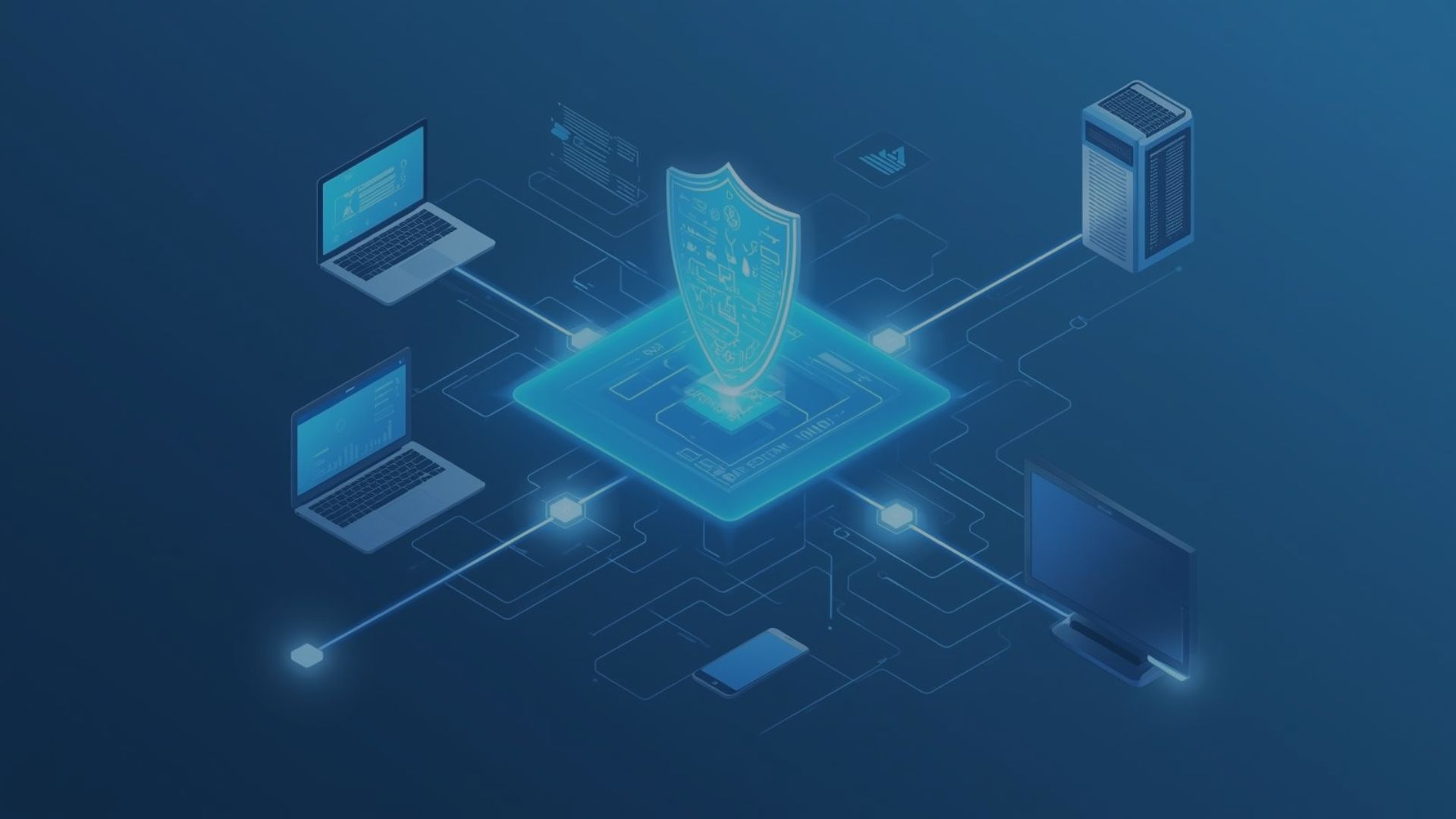 Digitale Illustration eines Netzwerks mit mehreren verbundenen Geräten, darunter Laptops, ein Server, ein Smartphone und ein Monitor. In der Mitte befindet sich ein leuchtendes Schildsymbol, das Cybersicherheit und Datenschutz darstellt. Die Grafik zeigt ein Konzept von IT-Sicherheit und vernetzter Technologie.