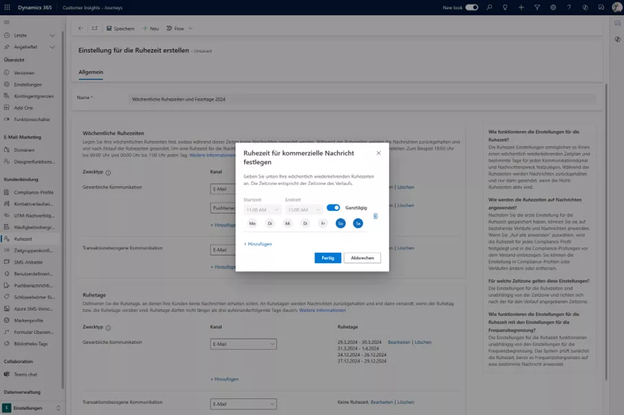 Ruhezeiten wöchentlich und für die Feiertage festlegen