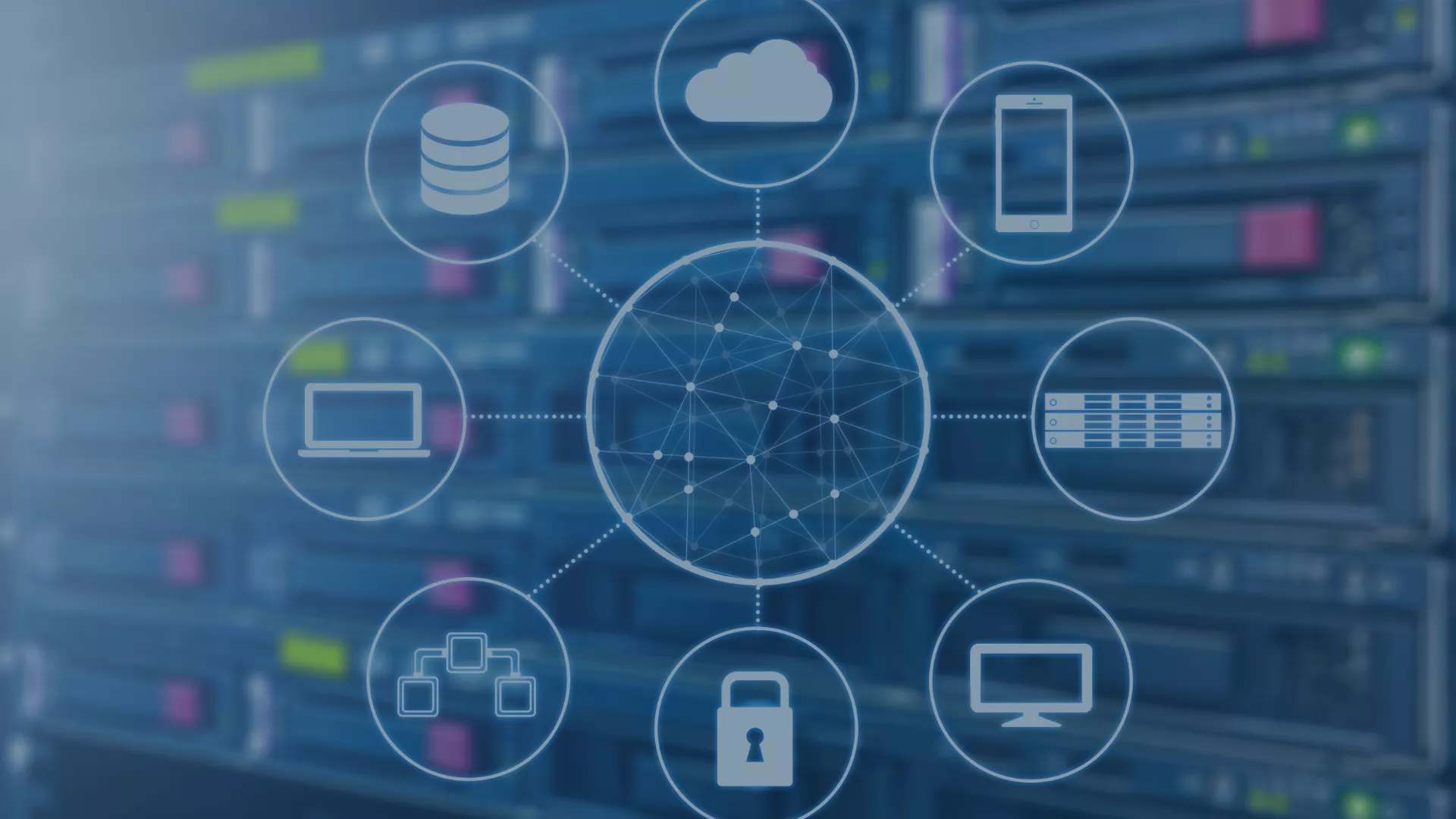 Symbolische Darstellung vernetzter IT-Komponenten vor dem Hintergrund eines Serverraums – zentrale Grafik mit Liniennetzwerk, umgeben von Icons für Cloud, Datenbank, Sicherheitslösungen, Endgeräte und Infrastruktur. Das Bild visualisiert die ganzheitliche Verwaltung digitaler Arbeitsplätze im Rahmen von Workplace Lifecycle Services.