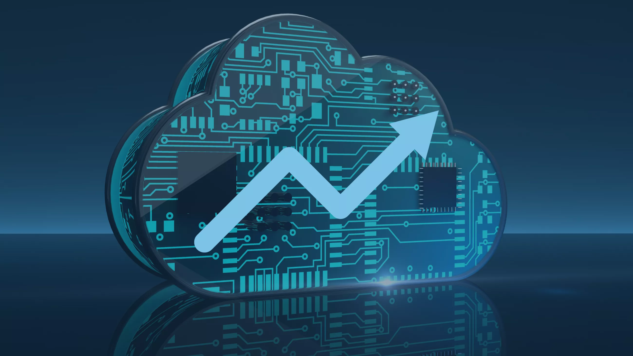 Symbolische Darstellung des digitalen Fortschritts in der Cloud: Eine stilisierte Wolke mit Leiterplattenstruktur und aufsteigendem Pfeil steht für die erfolgreiche und sichere Implementierung von Cloud-Technologien. Das Bild illustriert die zentralen Themen des Cloud-Starter-Guides von audius – darunter Effizienz, IT-Sicherheit und Kostenmanagement in der Cloud.