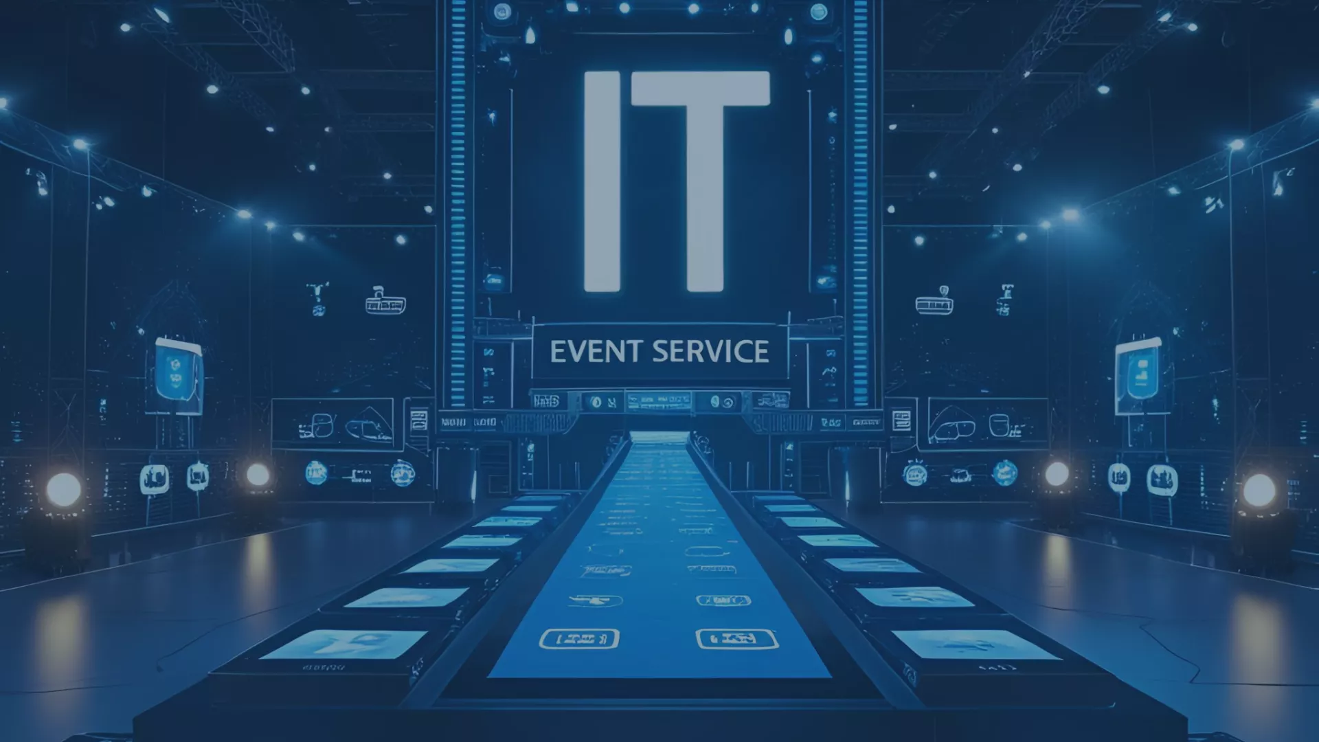 Eventbühne mit digitaler Laufbahn und großem „IT EVENT SERVICE“-Schriftzug im Zentrum; symbolisiert moderne, technologiegestützte Veranstaltungsplanung und flexible IT-Infrastruktur für Events.