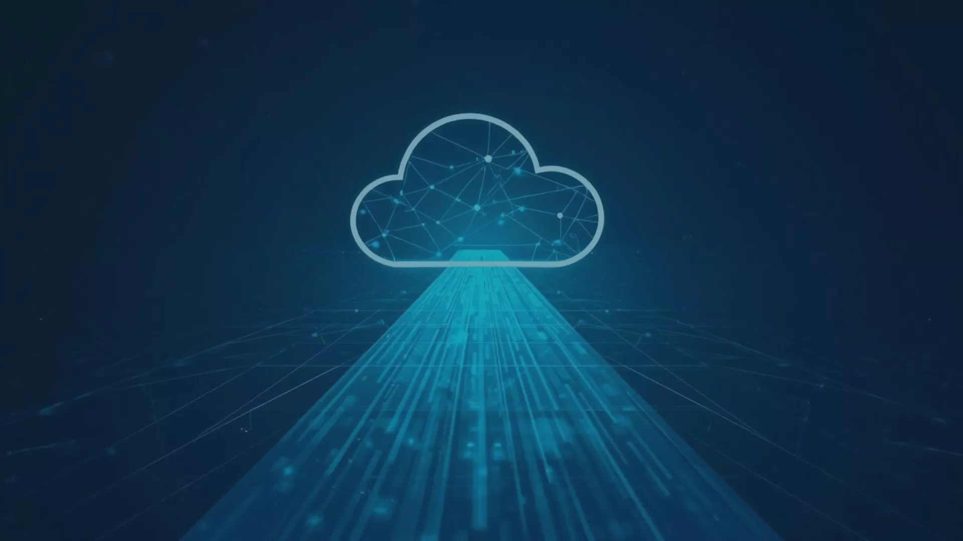 Abstrakte Darstellung einer digitalen Cloud mit vernetzten Datenpunkten und Lichtstrahlen, die den Datentransfer symbolisieren. Das Bild steht sinnbildlich für Cloud-Migration, digitale Transformation sowie Themen wie IT-Sicherheit, Skalierbarkeit und Performanceoptimierung im Rahmen des Cloud Security & Optimization Assessments von audius und Liongate.