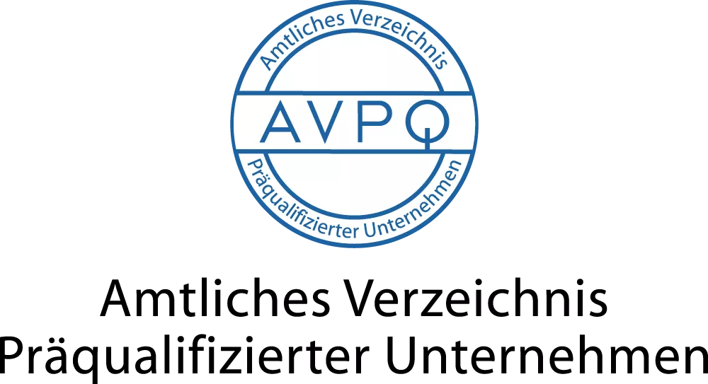 AVPQ-Siegel des Amtlichen Verzeichnisses präqualifizierter Unternehmen in blau-weißer Gestaltung.