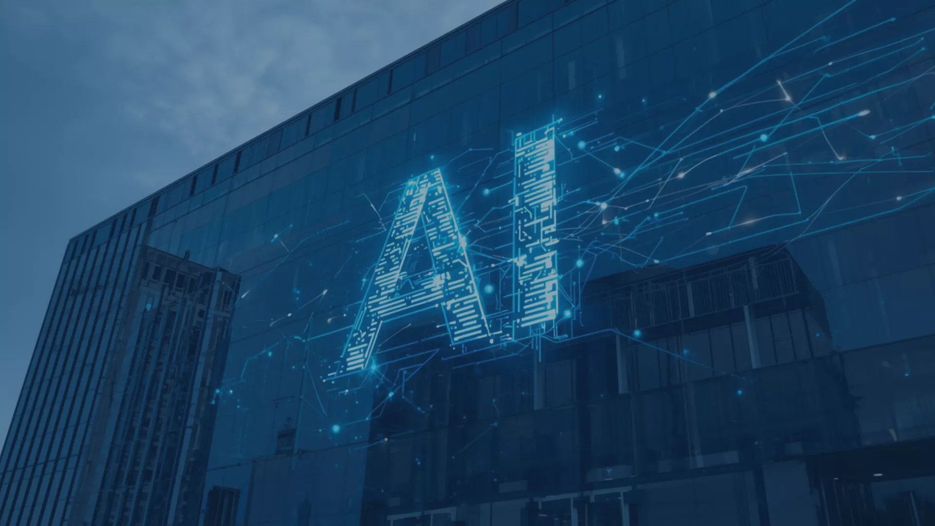 Digitale AI-Schriftzüge aus leuchtenden Schaltkreisen und Verbindungslinien schweben vor modernen Bürogebäuden – symbolisiert KI-Integration in Unternehmensstrukturen
