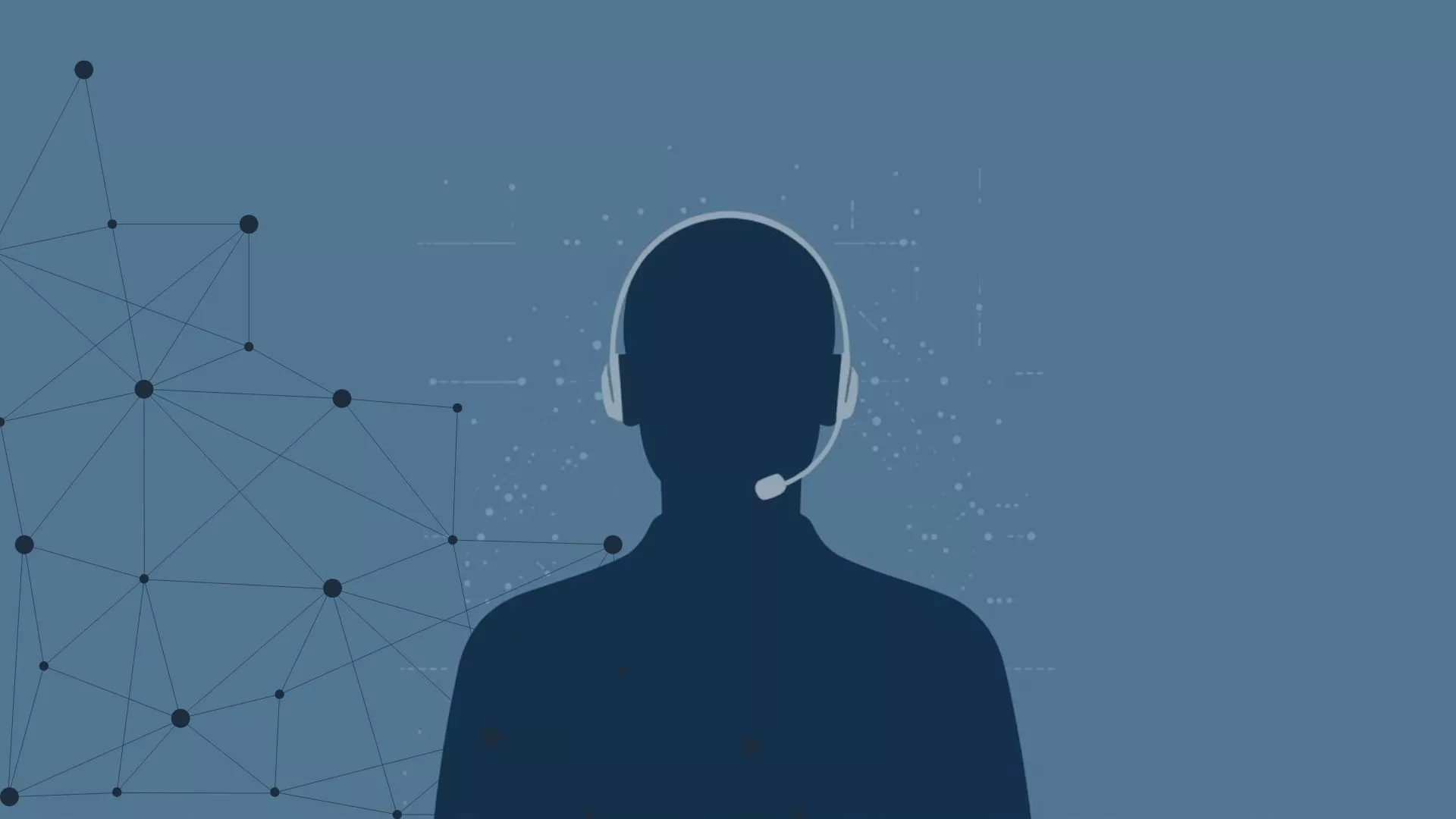 Das Bild zeigt die Silhouette einer Person mit Headset vor einem abstrakten, technologisch wirkenden Hintergrund mit vernetzten Punkten und Linien.