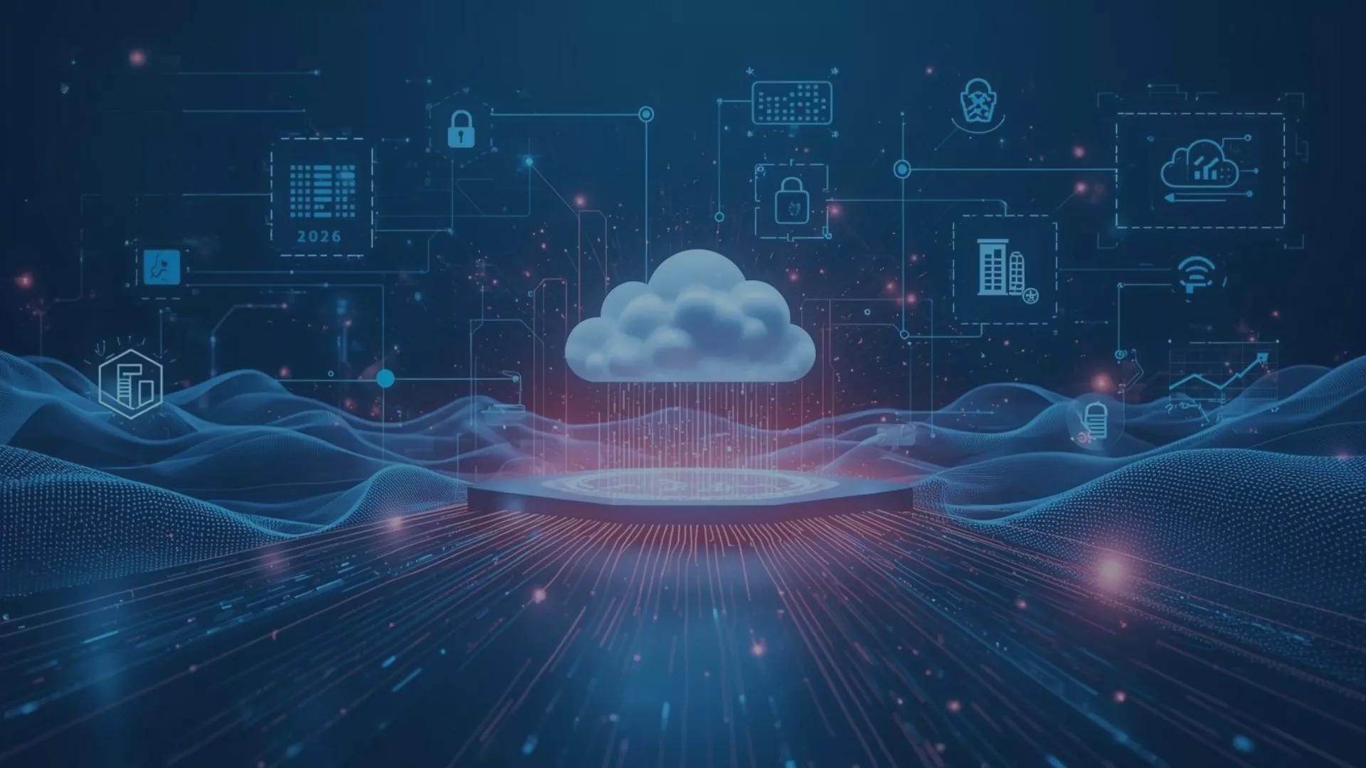 Microsoft Azure Cloud 2026: Zentrale Plattform für KI-Integration, Zero-Trust-Security, hybride Multi-Cloud-Architekturen, FinOps und nachhaltige digitale Transformation. Das Bild zeigt eine futuristische Cloud-Infrastruktur mit Symbolen für KI, Datensicherheit, Automatisierung, globale Vernetzung und Hyperscale-Ressourcen – die fünf Top-Trends für strategische Innovation, Effizienz und datengetriebenes Wachstum in Unternehmen.