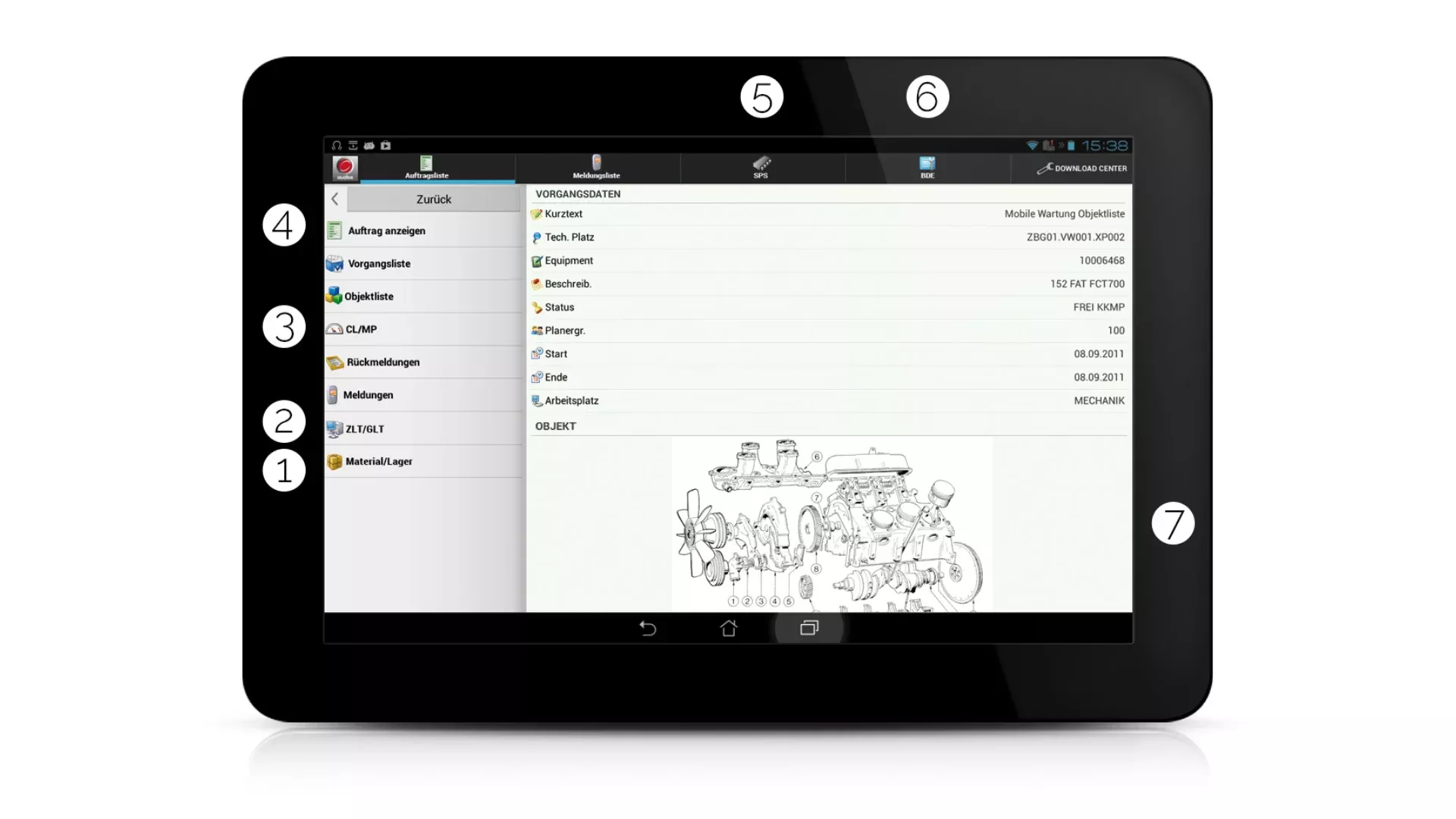 Tablet-Ansicht der audius Mobility Platform in der Instandhaltung; zeigt eine Auftragsliste, technische Objektdaten, Equipment-Infos sowie eine technische Zeichnung für Wartungsaufgaben.