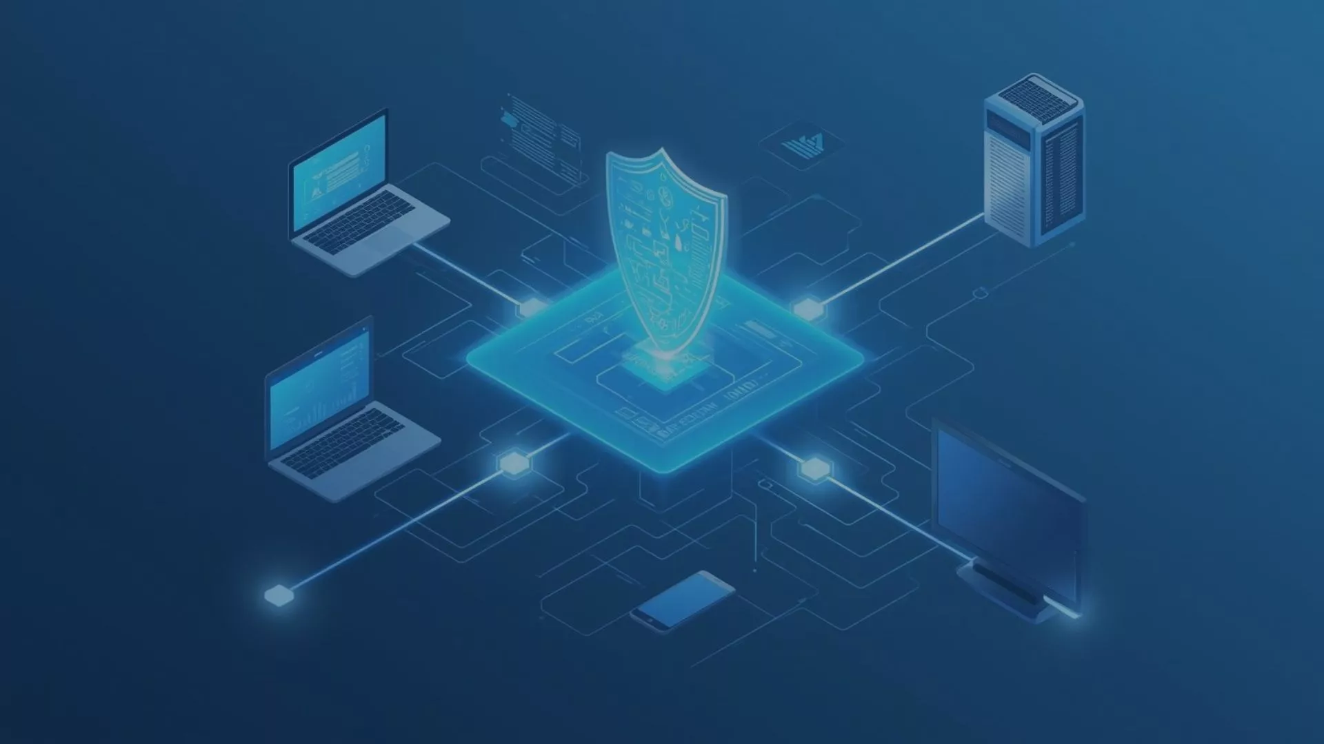 Digitale Illustration eines Netzwerks mit mehreren verbundenen Geräten, darunter Laptops, ein Server, ein Smartphone und ein Monitor. In der Mitte befindet sich ein leuchtendes Schildsymbol, das Cybersicherheit und Datenschutz darstellt. Die Grafik zeigt ein Konzept von IT-Sicherheit und vernetzter Technologie.