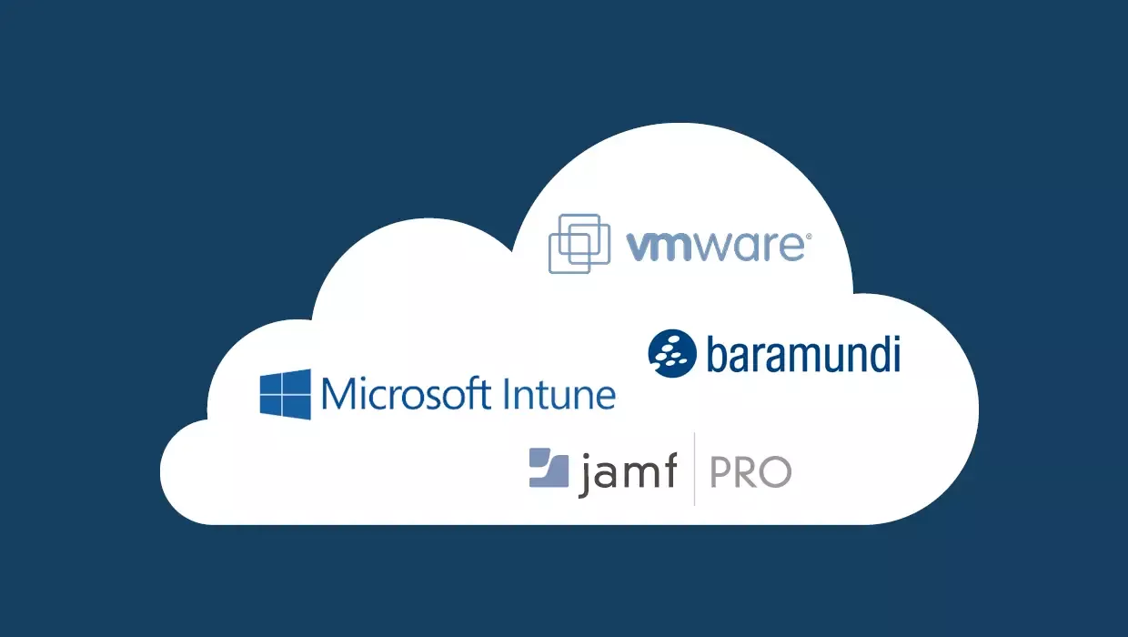 Logos führender EMM und MDM Anbieter (Intune, VMware, Baramundi, Jamf Pro) in einer Cloud-Form.