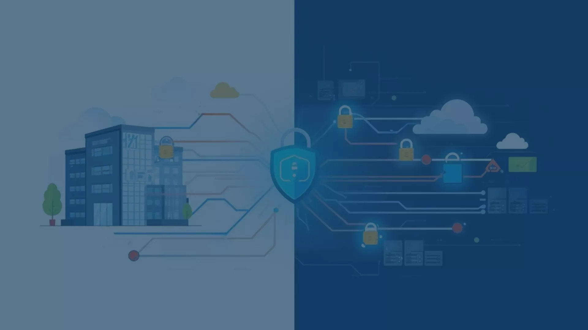 Grafische Darstellung zur Auftragsverarbeitung nach DSGVO: Die linke Bildhälfte zeigt ein Gebäude, das symbolisch für einen Verantwortlichen (z. B. ein Unternehmen) steht, von dem Datenverarbeitungsprozesse ausgehen. Die rechte Bildhälfte visualisiert ein komplexes Netzwerk aus Servern, Clouds und Sicherheitselementen wie Schlössern, das für die Rolle des Auftragsverarbeiters steht. Im Zentrum steht ein Schild als Symbol für Datensicherheit und Compliance.