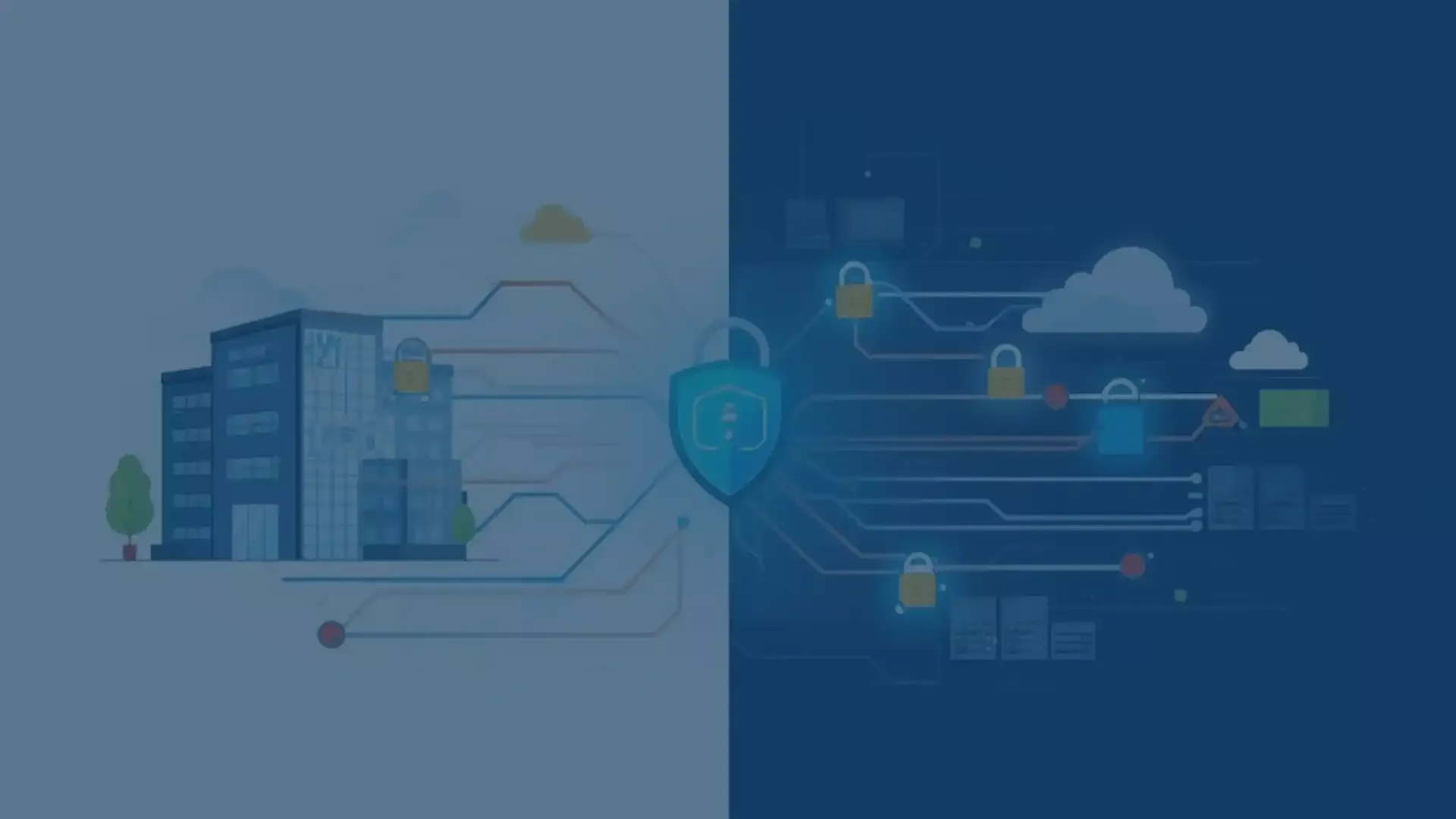 Grafische Darstellung zur Auftragsverarbeitung nach DSGVO: Die linke Bildhälfte zeigt ein Gebäude, das symbolisch für einen Verantwortlichen (z. B. ein Unternehmen) steht, von dem Datenverarbeitungsprozesse ausgehen. Die rechte Bildhälfte visualisiert ein komplexes Netzwerk aus Servern, Clouds und Sicherheitselementen wie Schlössern, das für die Rolle des Auftragsverarbeiters steht. Im Zentrum steht ein Schild als Symbol für Datensicherheit und Compliance.