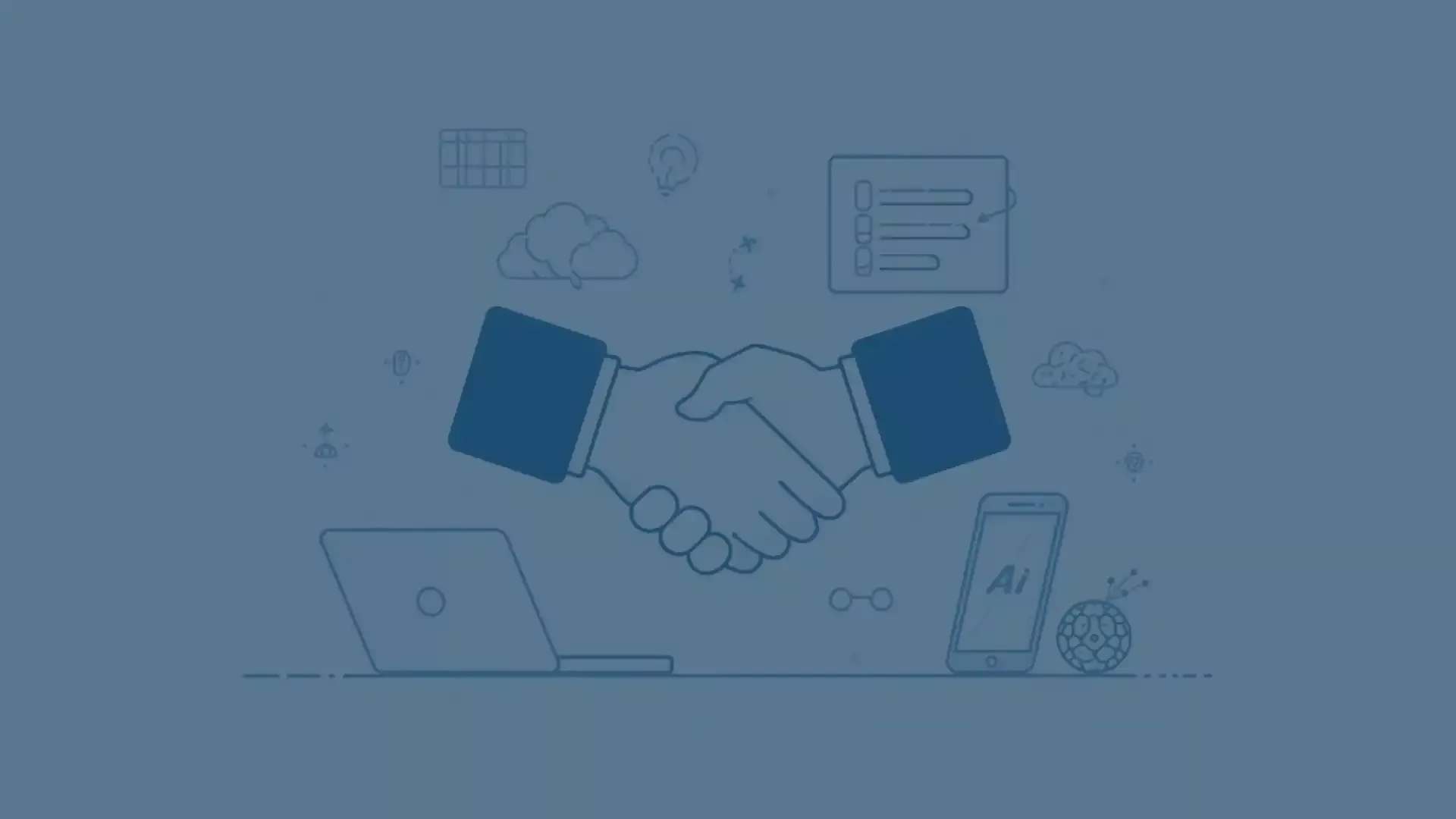 Zwei Hände, die sich zum Handschlag vereinen, symbolisieren die erfolgreiche Integration von KI im Vertrieb mit Microsoft Dynamics 365 Sales. Im Hintergrund sind digitale Elemente wie Clouds, Laptops, Smartphones und KI-Symbole abgebildet, die die Vernetzung, Automatisierung und datengestützte Arbeitsweise im Vertrieb verdeutlichen. Die Lösung hilft, verstreute Informationen zu bündeln, Prozesse zu automatisieren und den Vertrieb durch KI-gestützte Empfehlungen effizienter und transparenter zu gestalten.