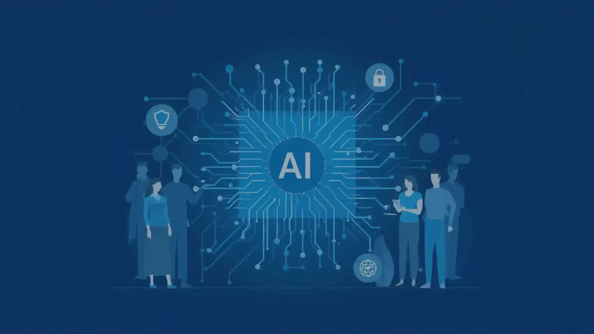 Illustration einer Gruppe von Mitarbeitenden vor einem futuristischen KI-Netzwerk, das die Bedeutung von KI-Kompetenz und Compliance gemäß dem EU AI Act symbolisiert. Seit Februar 2025 sind Unternehmen und öffentliche Verwaltungen in Deutschland verpflichtet, ihre Belegschaft im Umgang mit KI zu schulen. Das Bild veranschaulicht, wie praxisnahe und rechtskonforme KI-Schulungen – wie das audius KI-Basis-Seminar – rechtliche, ethische und technische Grundlagen vermitteln.