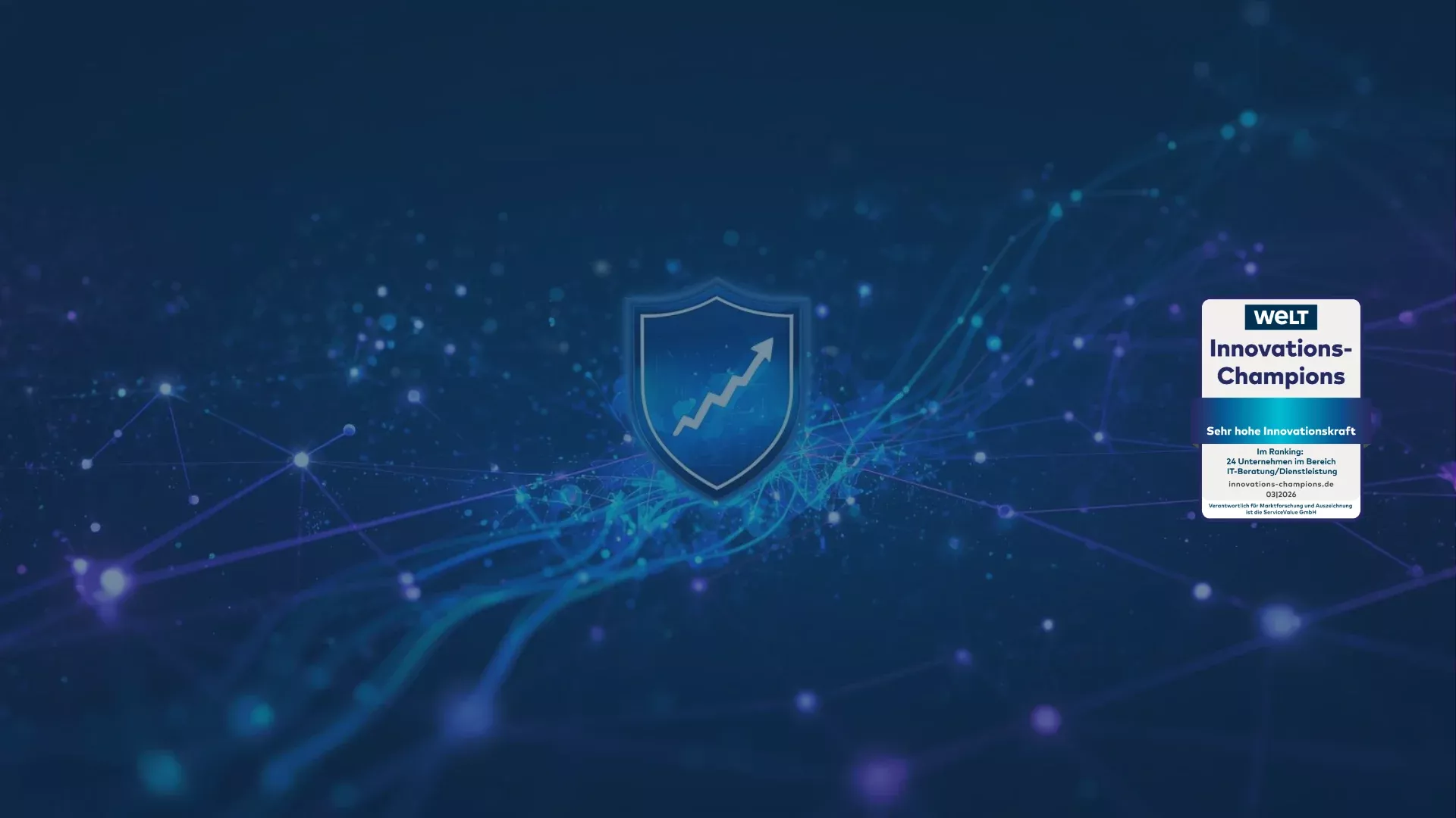 Innovations-Champions 2026: Shield-Symbol mit aufsteigendem Pfeil auf futuristischem, blauem Netzwerk-Hintergrund – Symbol für hohe Innovationskraft und digitale Transformation. Offizielle Auszeichnung von WELT für herausragende IT-Beratung und Dienstleistung.