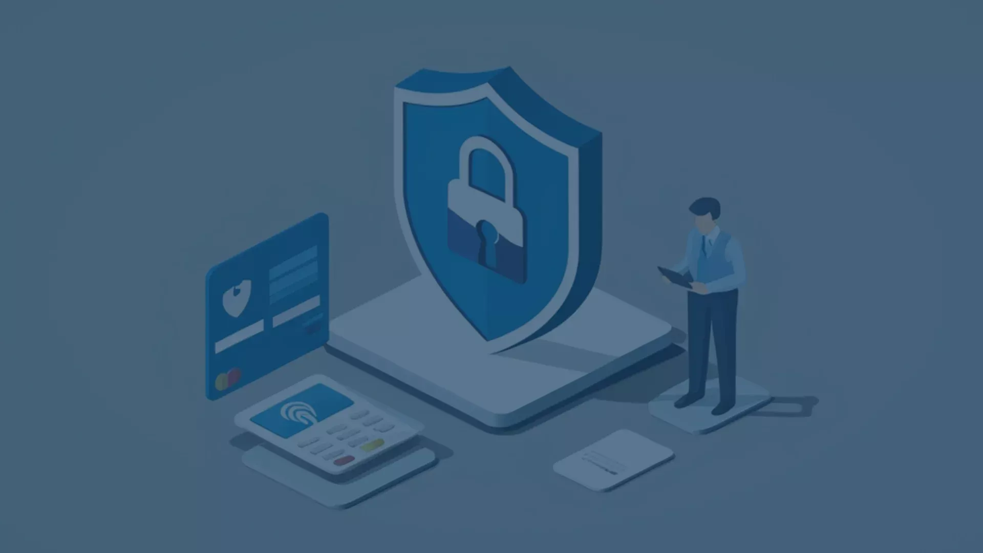 Illustration eines strukturierten Datenschutzmanagement-Systems: Ein großer Schild-Symbol mit Schloss (Datenschutz) steht im Mittelpunkt, umgeben von digitalen Geräten wie Laptop, Tablet und Smartphone. Eine Person mit Tablet steht daneben und symbolisiert die systematische Planung, Umsetzung und Überwachung von Datenschutzmaßnahmen – von strategischen Grundsatzdokumenten über verbindliche Richtlinien bis zu praktischen Arbeitsdokumenten, um Rechenschaftspflicht, Synergien mit Standards wie ISO 27001 und Pr