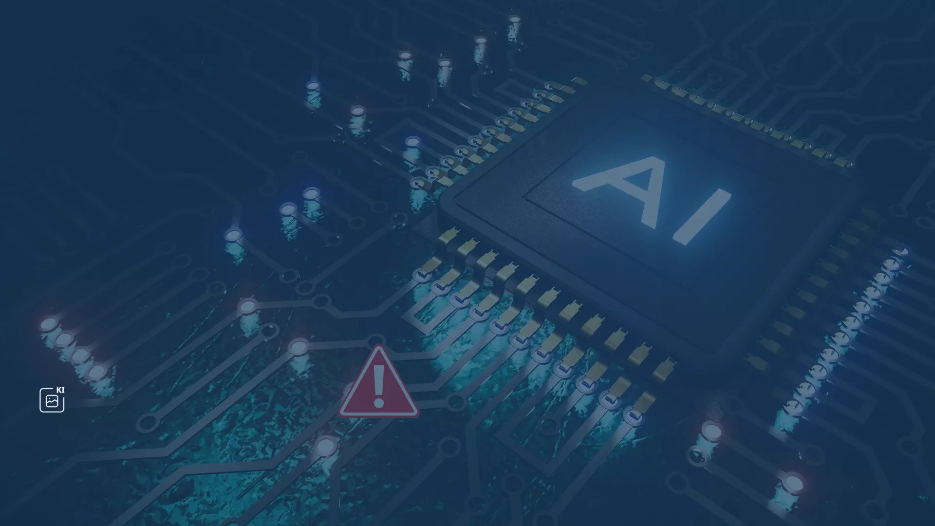 Nahaufnahme eines KI-Chips mit leuchtendem 'AI'-Logo und Warnsymbol – Symbol für Chancen und Risiken künstlicher Intelligenz in Unternehmen.