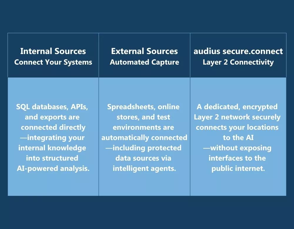 Diagram showing internal and external data sources connected to an AI platform via secure Layer 2 connectivity.