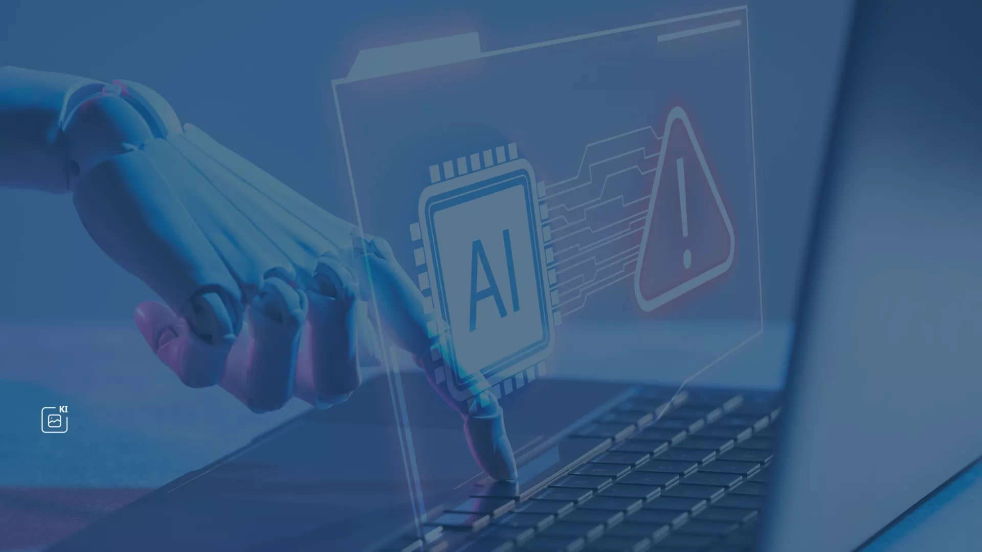 Futuristische Roboterhand interagiert mit Laptop-Display (AI-Chip & Warnsymbol): KI-Agenten in Microsoft Copilot Studio und Dynamics 365 ermöglichen Unternehmen schnellen Zugang zu relevantem Wissen durch effiziente Automatisierung!