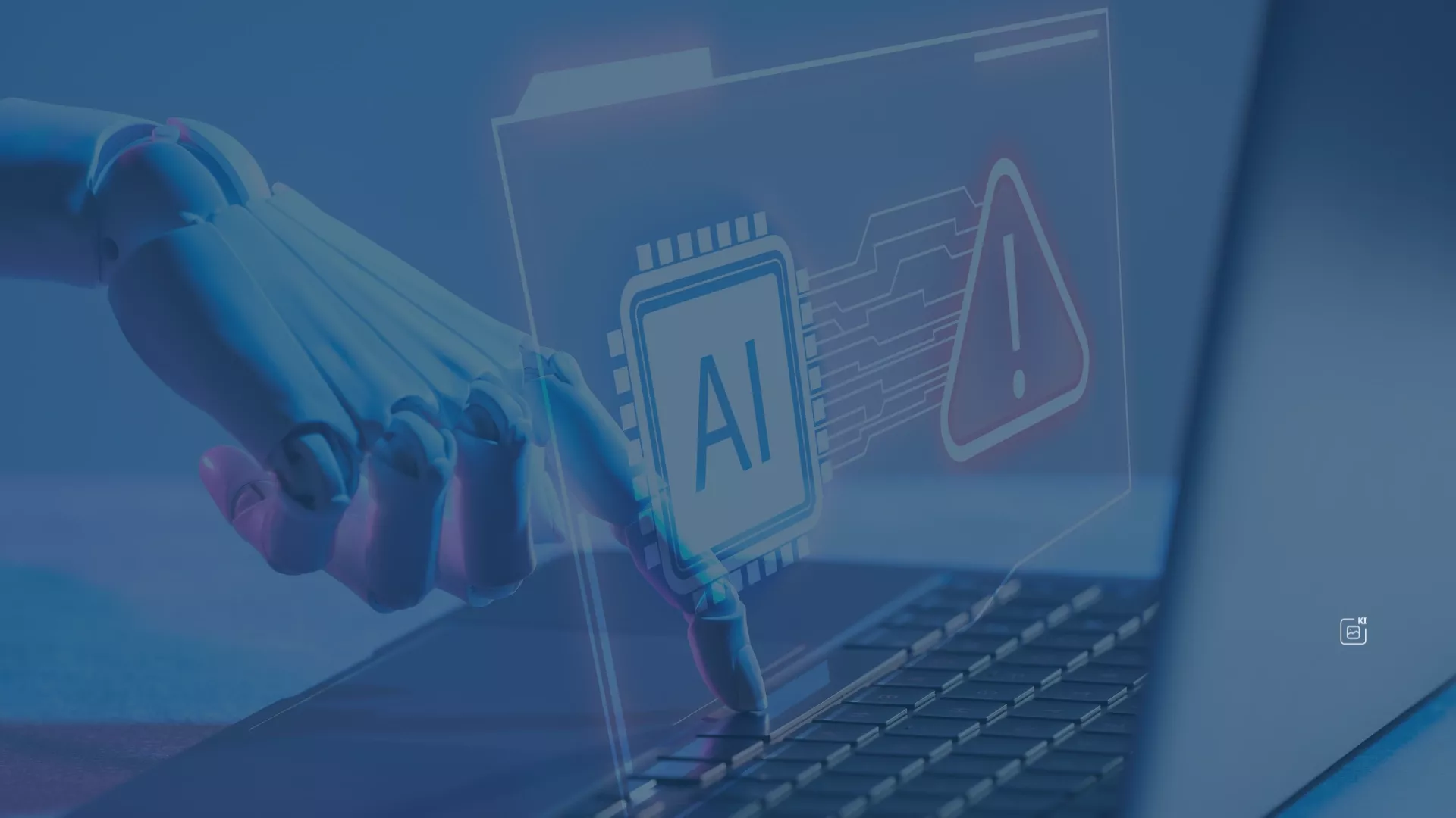 Futuristische Roboterhand interagiert mit Laptop-Display (AI-Chip & Warnsymbol): KI-Agenten in Microsoft Copilot Studio und Dynamics 365 ermöglichen Unternehmen schnellen Zugang zu relevantem Wissen durch effiziente Automatisierung!