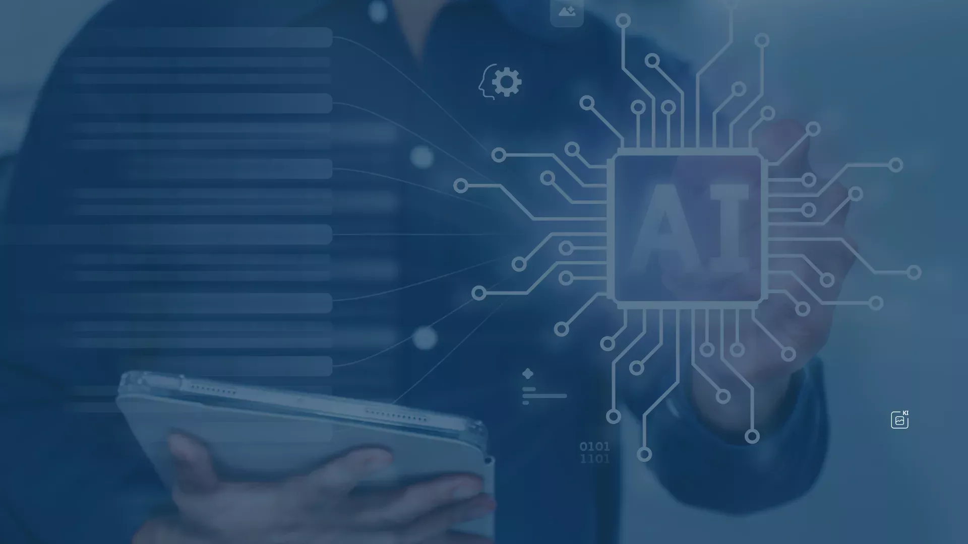 Person nutzt ein Tablet vor einer digitalen KI-Chip-Grafik – symbolisch für KI Governance, Kontrolle und sichere Verwaltung von KI-Tools auf Mac-Geräten mit Jamf.