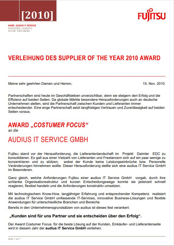 Laudation Supplier of the Year 2010