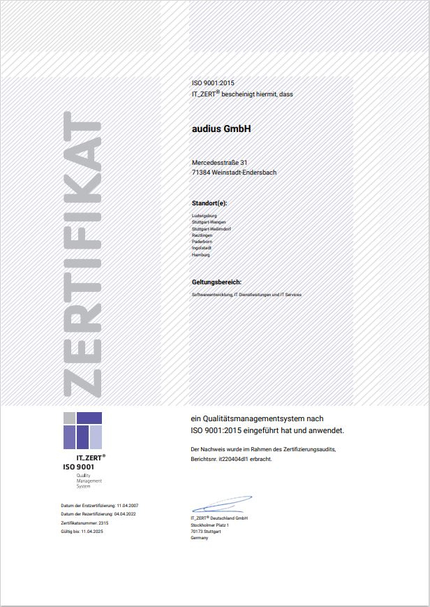 Zertifizierung ISO 9001_2015 audius GmbH
