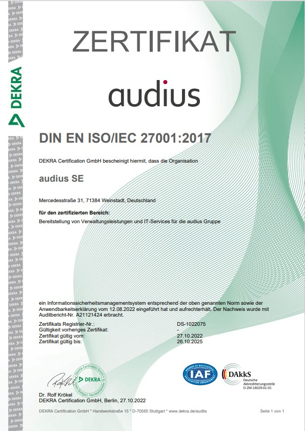 audius | Über audius (DIN EN ISO/IEC 27001:2017  audius SE-DE)