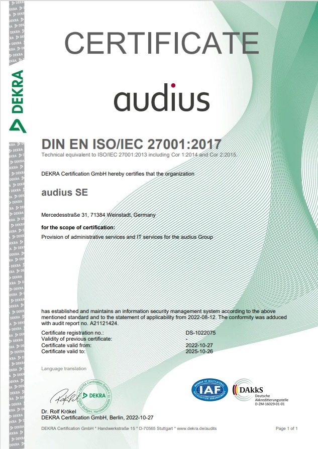 audius | about audius (DIN EN ISO/IEC 27001:2017  audius SE)