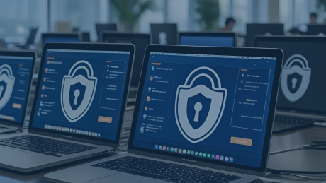 Mehrere geöffnete Laptops stehen in einem modernen Büro auf Tischen. Auf den Bildschirmen ist ein großes Sicherheitssymbol in Form eines Vorhängeschlosses zu sehen, das eine Schutzsoftware oder Cybersicherheitsanwendung darstellt. Die Umgebung ist professionell, mit weiteren Arbeitsplätzen im Hintergrund.