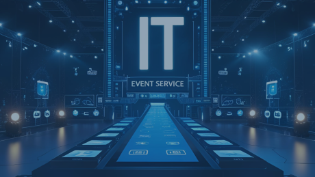Eventbühne mit digitaler Laufbahn und großem „IT EVENT SERVICE“-Schriftzug im Zentrum; symbolisiert moderne, technologiegestützte Veranstaltungsplanung und flexible IT-Infrastruktur für Events.