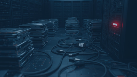 Ein Serverraum mit gestapelten Festplatten und zahlreichen Datenkabeln auf dem Boden. Das Bild symbolisiert die Herausforderungen der DSGVO-Speicherbegrenzung und die Notwendigkeit strukturierter Löschkonzepte für personenbezogene Daten.