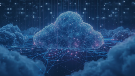 Darstellung einer digitalen Cloud-Infrastruktur: Eine leuchtende Datenwolke ist über ein Netzwerk aus verbundenen Punkten und Linien dargestellt. Das Motiv steht für moderne Cloud-Architekturen, AWS-Services, Plattform-Engineering und Cloud-Governance.