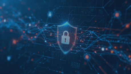 Zero Trust mit Microsoft 365: Identitäten, Geräte und Daten effektiv schützen | audius Digitale Darstellung eines Schutzschilds mit Vorhängeschloss inmitten eines vernetzten, blau-roten Datenstroms. Das Bild symbolisiert moderne IT-Sicherheit, Zero-Trust-Konzepte und den Schutz von Identitäten, Geräten und Daten in cloudbasierten und hybriden Arbeitsumgebungen.