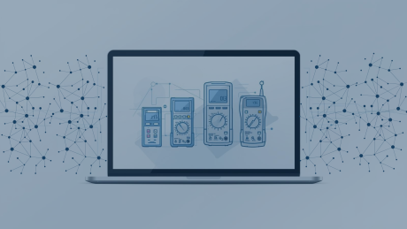 Laptop mit auf dem Bildschirm dargestellten Messgeräten wie Multimetern und Prüfgeräten, umgeben von einem digitalen Netzwerk. Das Bild symbolisiert die zentrale Integration und flexible Steuerung verschiedener Messgeräte über eine universelle Prüf-App – passend zum Thema der audius Prüf-App für Messgeräte, die individuelle Prüfprozesse und Hersteller-unabhängige Anbindungen ermöglicht.