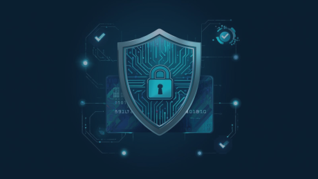 Grafische Darstellung eines digitalen Schutzschilds mit einem Schloss-Symbol in der Mitte, das Cybersicherheit und Datenschutz symbolisiert. Im Hintergrund sind abstrakte Schaltkreise, Datenstrukturen und Häkchen-Symbole zu sehen, die für IT-Security, Compliance und die Einhaltung von PCI DSS 4.0 Standards stehen.